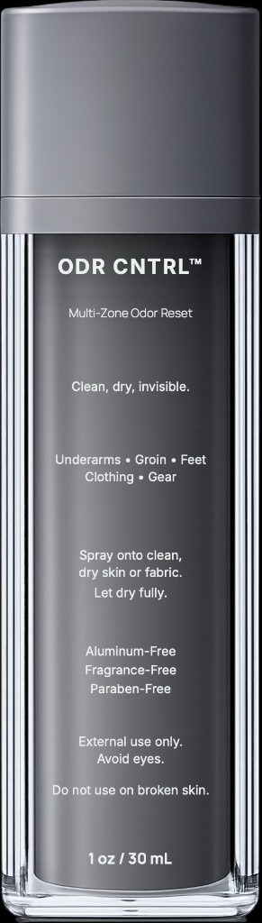 ODR CNTRL, back of bottle: directions, aluminum-free, fragrance-free, paraben-free, 1 oz